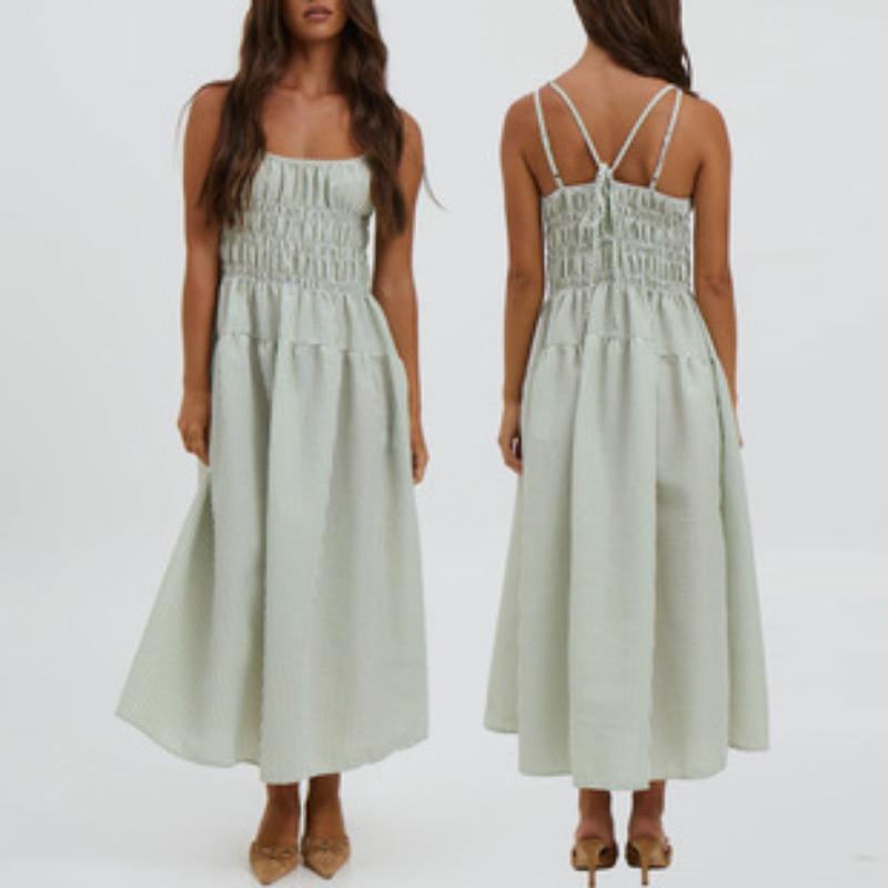 Women Sexy Loose Striped Suspender High Waist Slimming Commuting Midi Dress