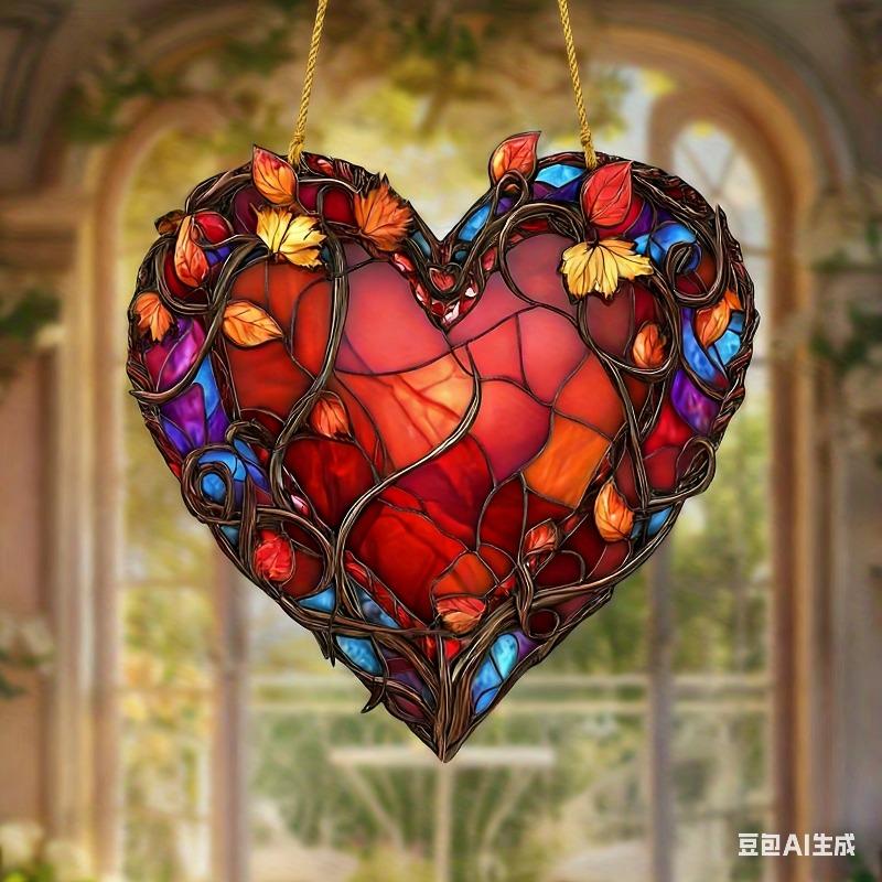 2D Flat Vibrant Acrylic Red Heart Decoration Sign, Stained Glass Style Design, Suitable for wall decoration, porch, room, villa, accents Home, Hallway