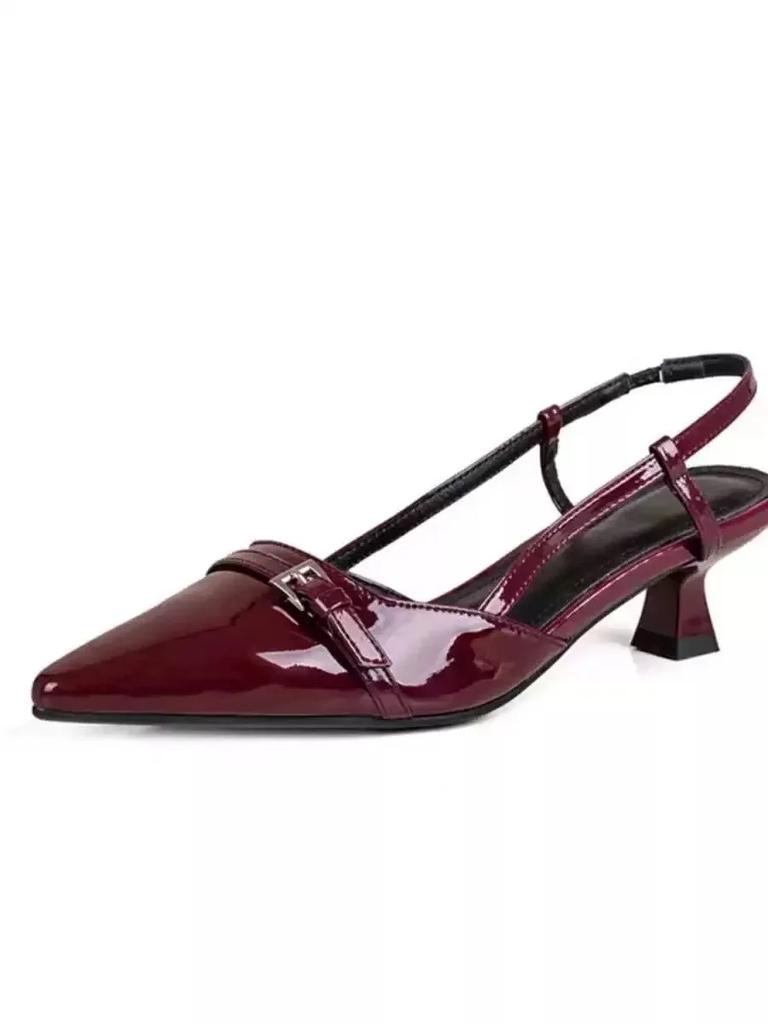 Fashion Summer Women's Dress Shoes Patent Leather Slip On Pointed Toe Sandals Buckle Slingbacks Mid Heels Pumps Sandalias Mujer2025