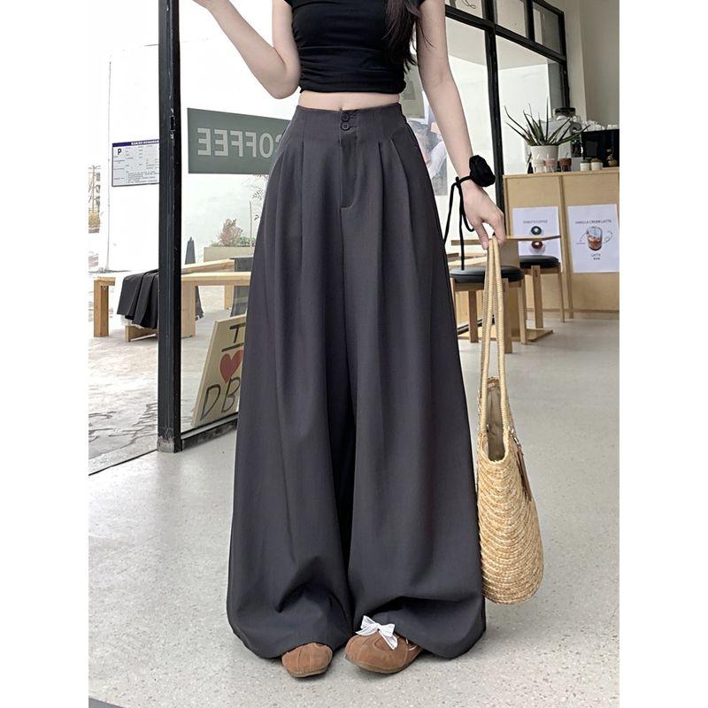 Kumikumi Fancy Pure Color Suit Pants Casual Pants Women Fall High Waist Drooping Straight Loose Pants Mop Pants