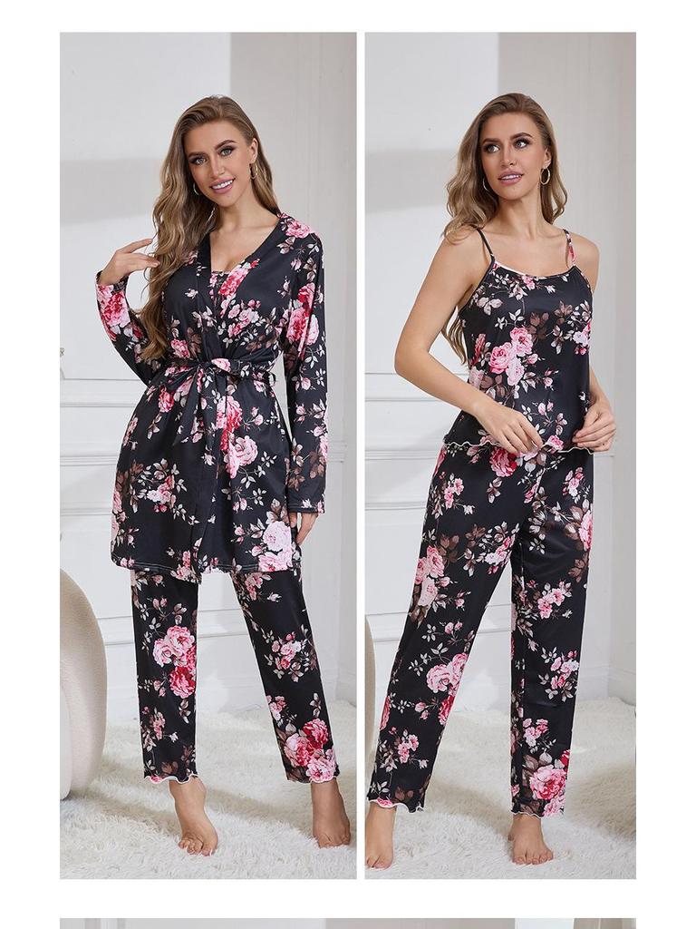 Three-Piece Pajama Set: Robe, Long Pants & Camisole In European & American Sizes