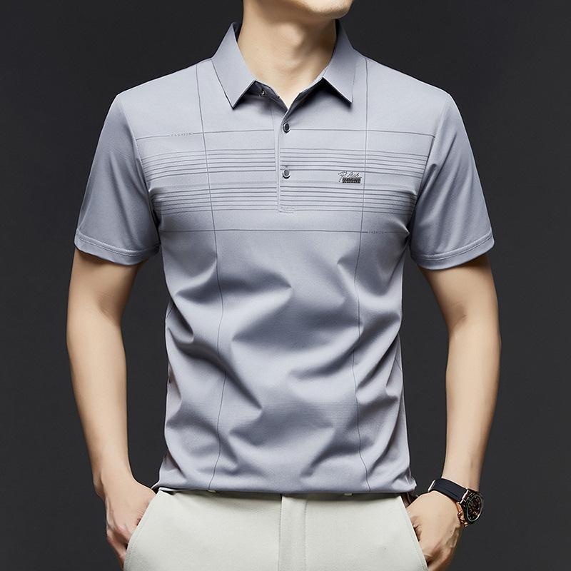 

Летняя мужская рубашка поло, повседневная простая модная футболка с коротким рукавом, мужской ледяной шелк, универсальный лацкан, свободный топ 4XL серый
