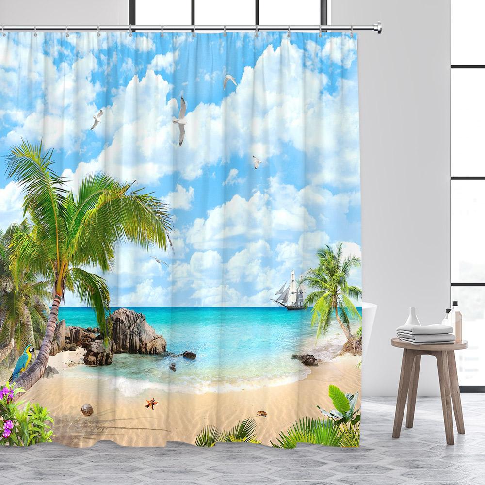 Strand Duschvorhänge Blaues Meer Insel Kokospalmen Tropisch Hawaii Natur Landschaft Badezimmervorhang Dekor mit Haken