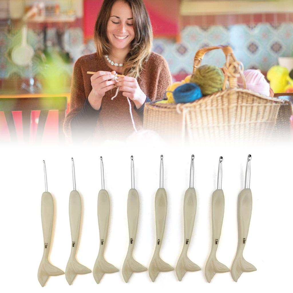 8Pcs Ergonomic Handle Crochet Hook 2.5mm-6.0mm Aluminum Crochet Hook With Resin Fish Tail Handle for Beginner Hobbyist