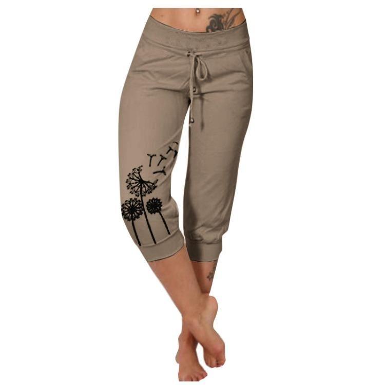 Women High Waist Casual Printed Yoga Pants Drawstring Seventh Pants Qunide