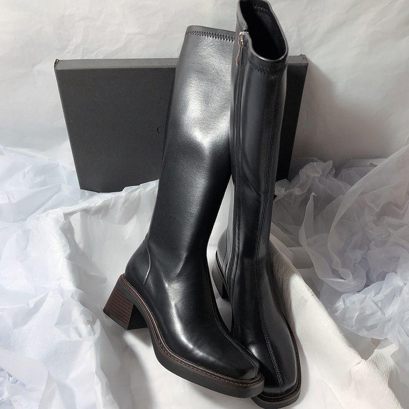 2025 Women's Genuine Leather Knee-High Chunky Heel Rider Boots