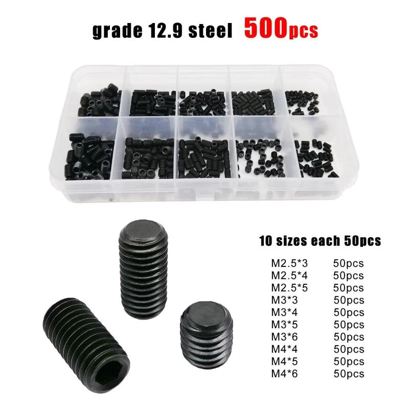 500pcs M2.5 M3 M4 DIN913 304 Stainless Steel Black Hex Hexagon Socket Allen Flat Point Grub Bolt Set Screw Kit Box