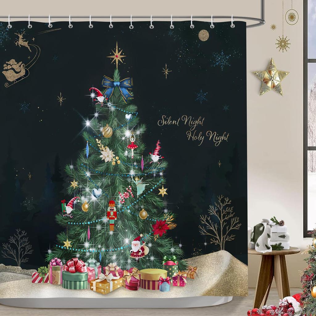 Christmas Shower Curtain Winter Snowy Landscape Forest Shower Curtain Xmas Pine Tree Bath Curtain with Hooks Home Bathroom Decor