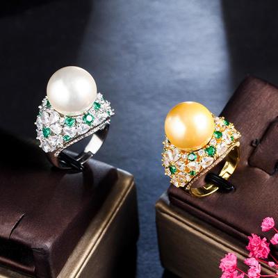 CMM Jewelry Adjustable Green Cubic Zirconia Big Artificial Pearl Engagement Rings for Women CZ Wedding Party Jewelry