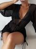 Sexy Long Sleeves Cover Up Bikini Set Women White Black Push Up Mesh Dress 3 Piece Swimsuit Bathing Suit Thong Swimwear 2024