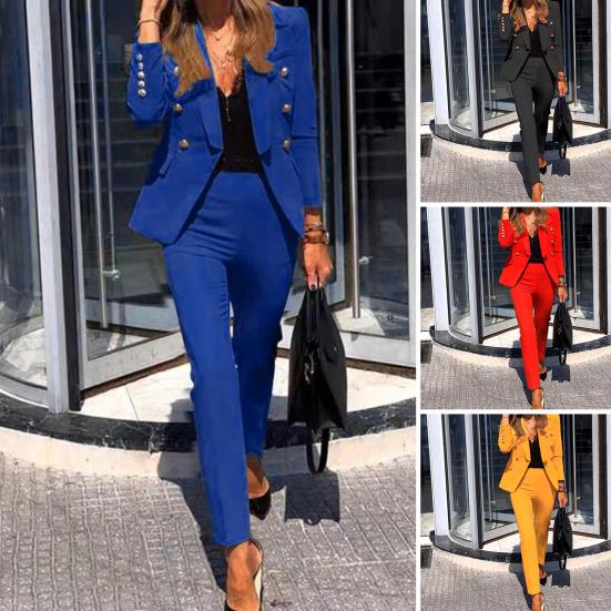 Women Suit Set Solid Color Fake Flap Pockets Two-piece Lapel Buttons Blazer Pencil Pants for Wedding
