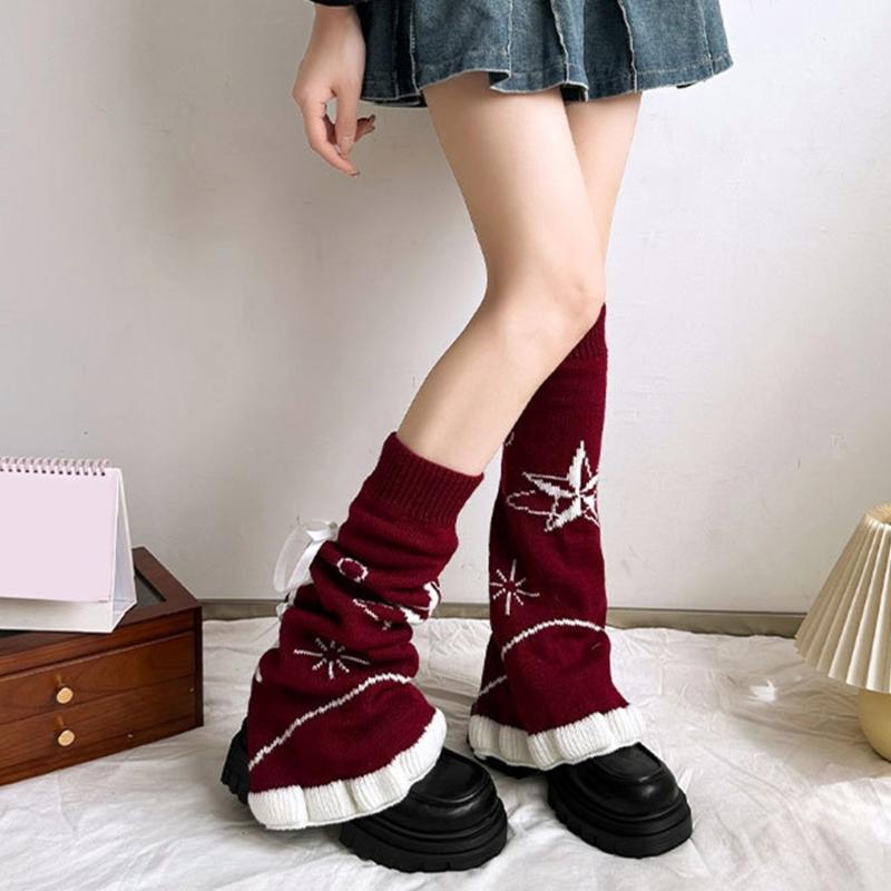 Japanese Harajuku Stretchy Knitted Leg Warmers with Star Pattern for Women Drawstring Ruffle Flared Boot Cuffs Covers