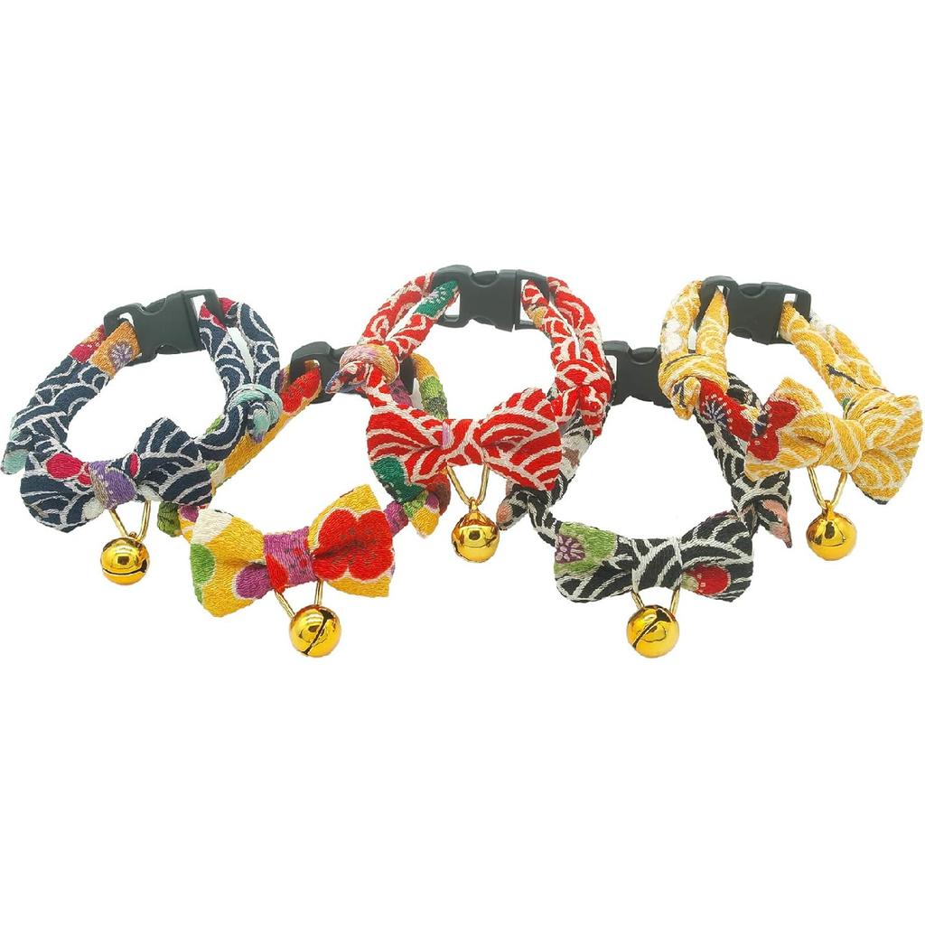 PetSoKoo Bowtie Cat Collar with Bell Breakaway, Japan Chirimen Fabric Golden Bell