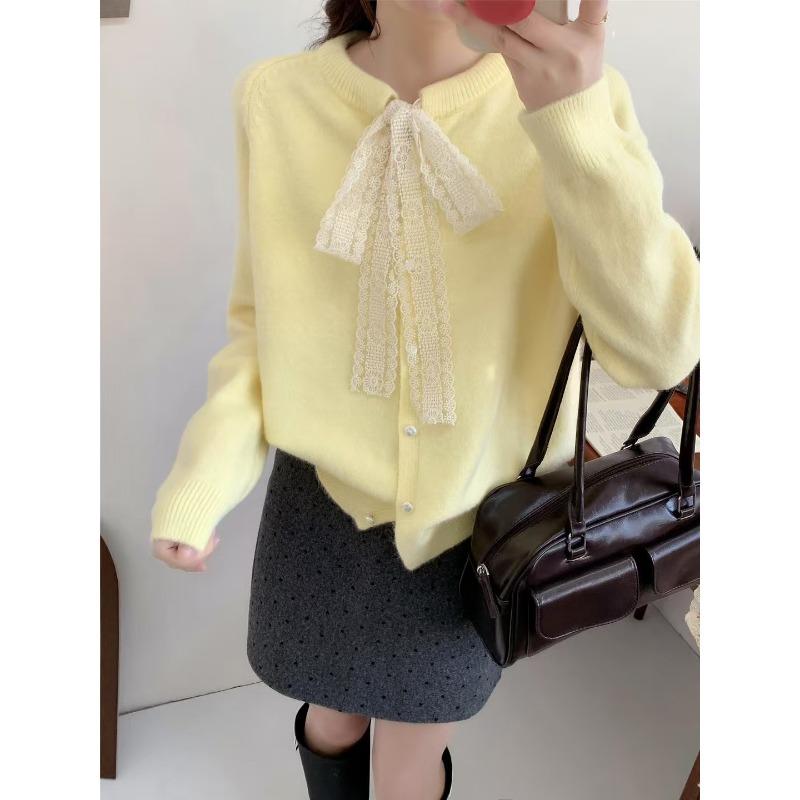 Gentle Wind Lace Lace-up Crew Neck Knitted Cardigan Top Women's Spring and Autumn New Loose Sweet Age-reducing Sweater Jacket