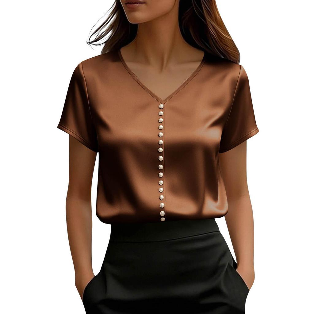 Top de damă din satin cu mânecă scurtă, Bluză elegantă de vară cu decolteu în V și nasturi perlă, Top casual formal,
