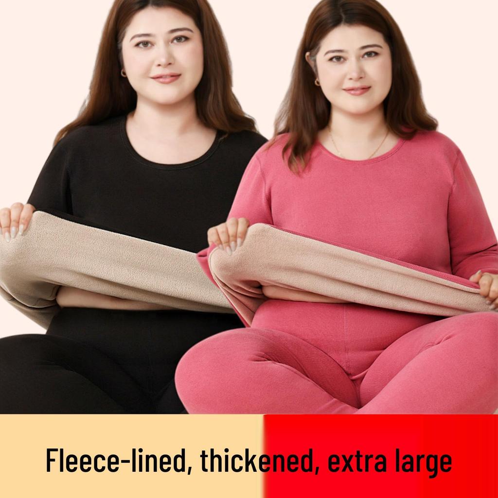 Women's Plus Size Fleece-Lined Lambswool Dralon Crew Neck Warm Underwear Set for Winter Cold Protection