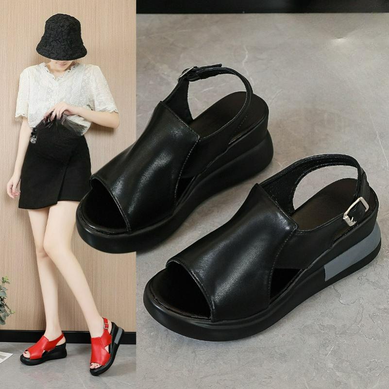 Thick-soled Wedge-heeled Sandals Women's Summer High-heeled Fishbill Women's Shoes Soft Leather Heightening Platform Shoes