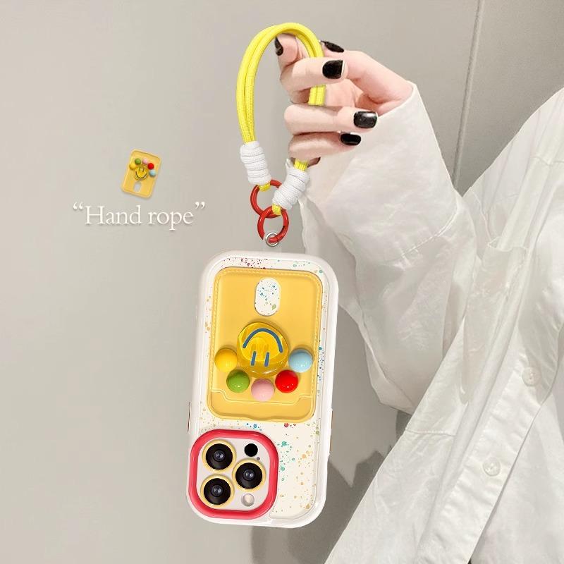 ins storm point three-dimensional smiley face applies to iPhone15promax Apple 14 mobile phone case 13 lanyard 17 card bag
