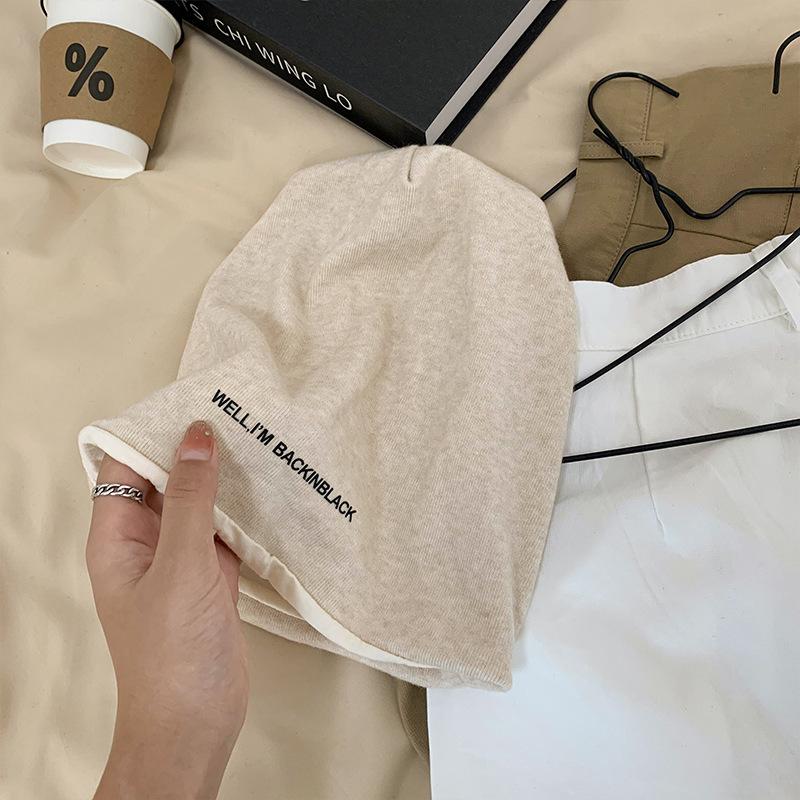 Letter Black Stack Hat Women's Autumn and Winter Leisure Big Head Circumference Showing Face Small Bag Head Cold Hat Warm Confinement Hat