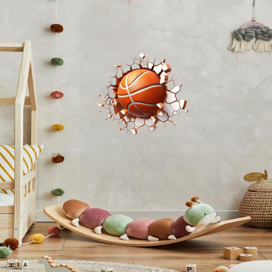 3D Basketball Wall Sticker Basketball Break Through The Wall Decor Self Adhesive Removable Wall Decal for Boys Bedroom Living Room Decor
