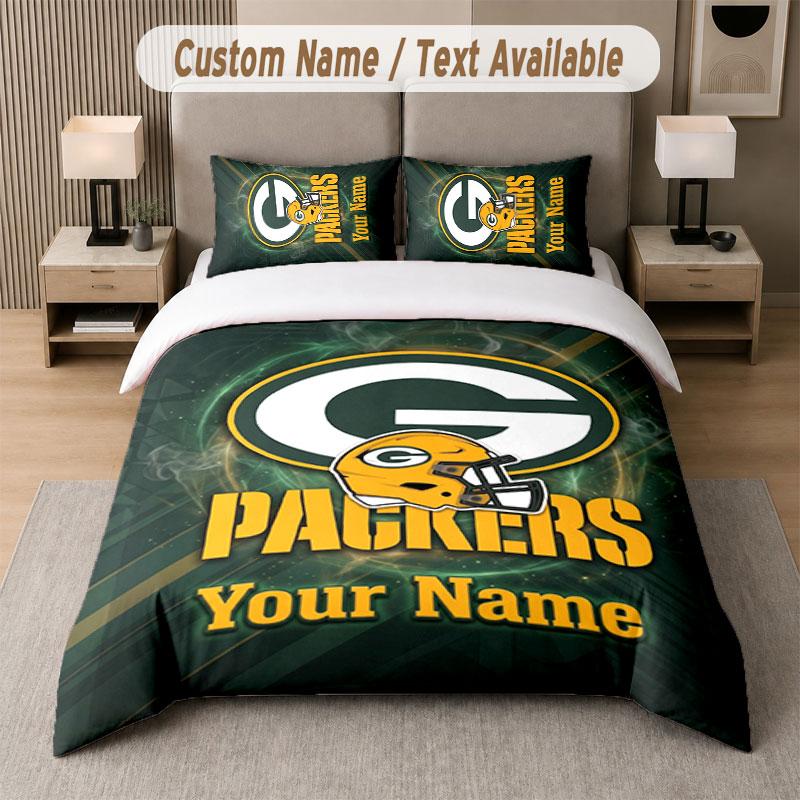 Custom Bedding Set Green Bay Packers Pattern, Print Name Text 1 Duvet Cover Plus 2 Pillowcases Home Textile