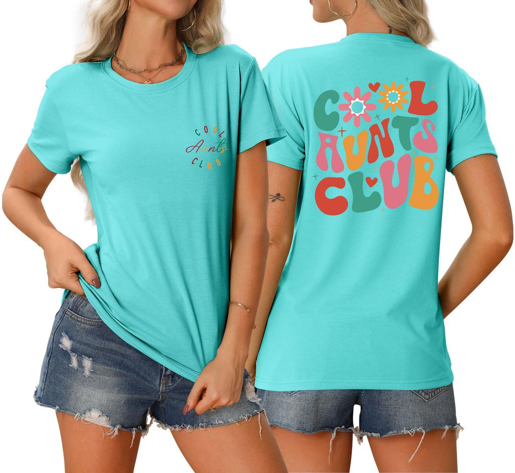 Summer new Womens round neck cool aunts club front and back printed Tshirt loose casual shortsleeved top with a stylish pullo