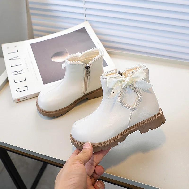 Girls Fashion Princess Ankle Boots Sweet Chic Children's Winter Boots Elegant Bowknot Versatile Kids Causal Cotton Boots Zipper