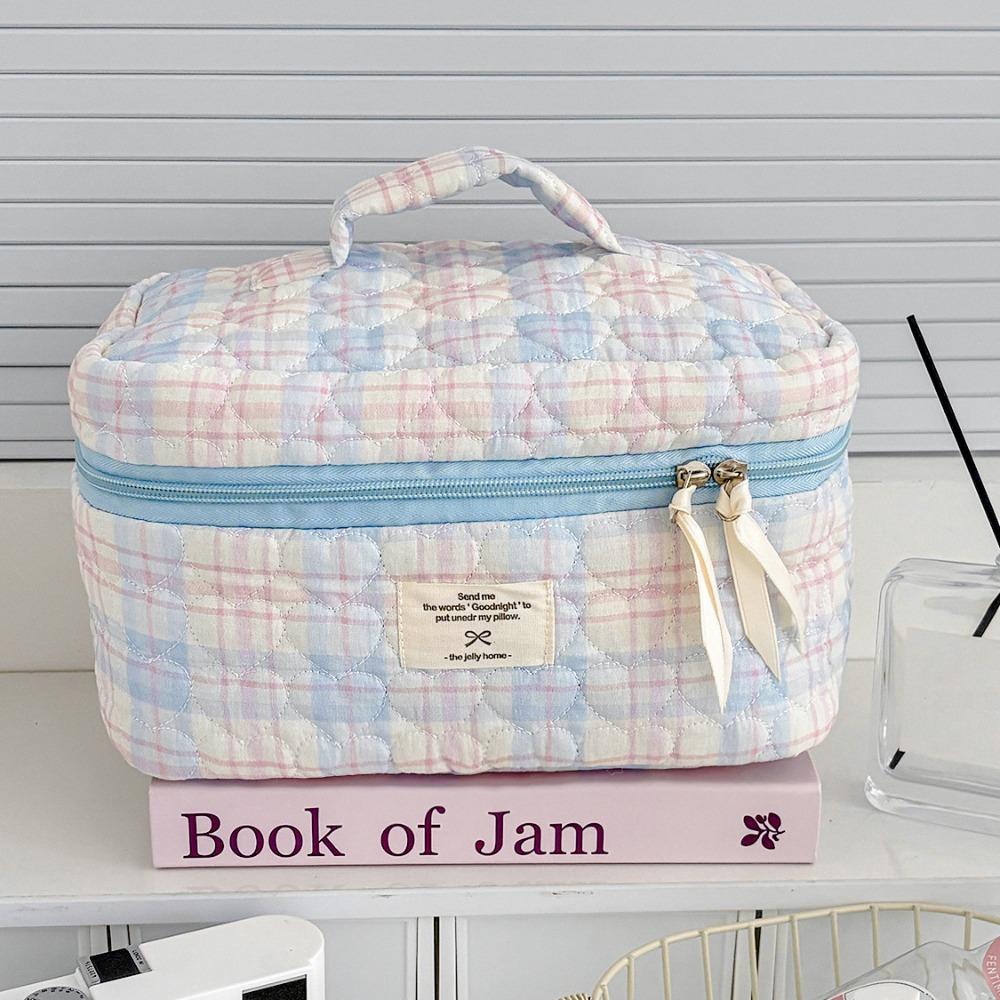 Fashion Korean Style Cosmetic Bag Multi-size Zipper Travel Storage Bags Pink Bow Plaid Makeup Quilted Bag for Women Girls
