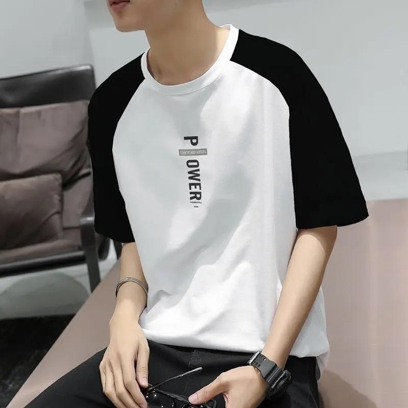 

Футболка из чистого хлопка с короткими рукавами, свободная мужская футболка с круглым вырезом для подростков, корейская трендовая мужская верхняя одежда с рукавами в пять точек XL