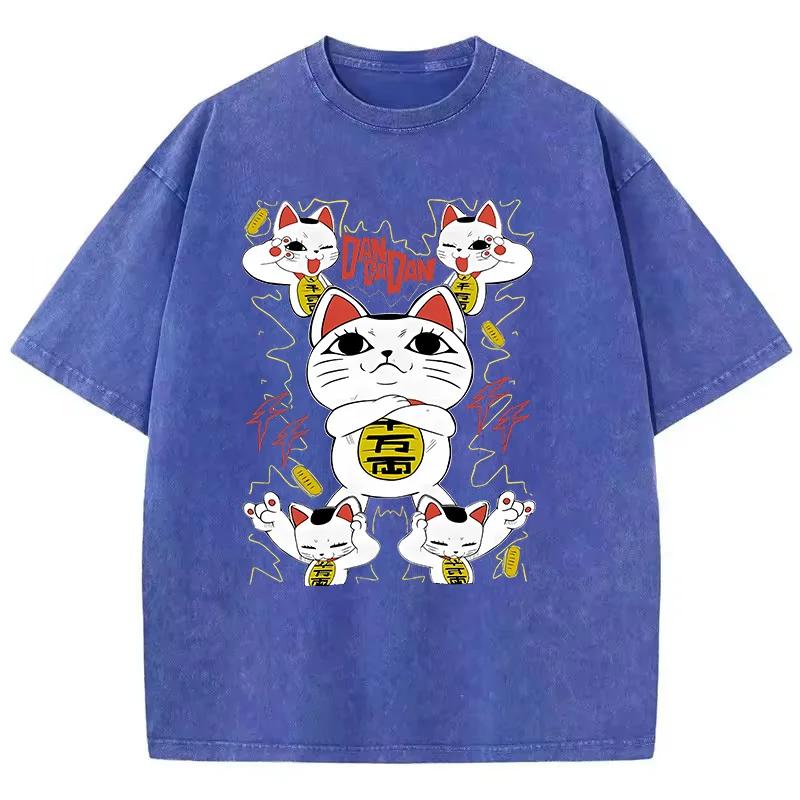 Summer Men Japanese Anime T Shirt Washed Cotton Vintage Aesthetic Cartoon Graphic Streetwear Loose Daily Tops