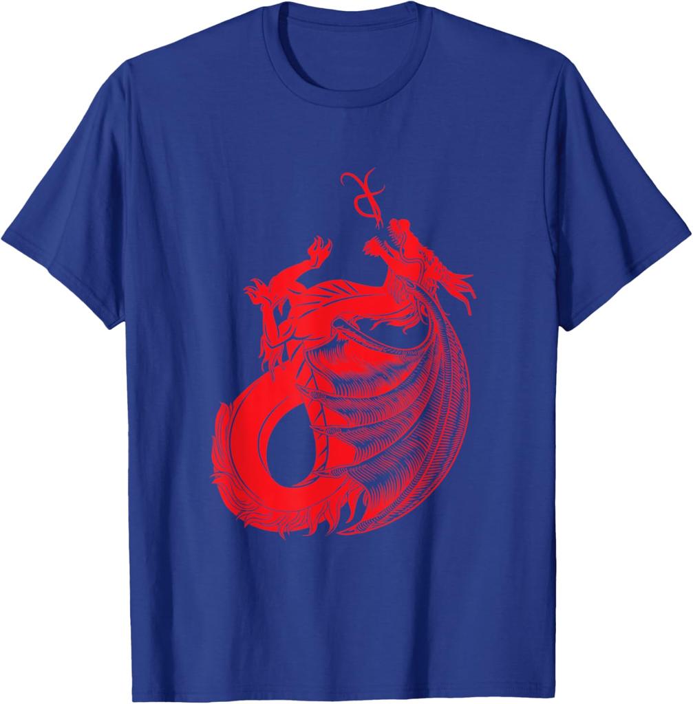 Red Mythical Dragon Graphic Print Cotton Crew Neck TShirt Casual Short Sleeve Tee for Men