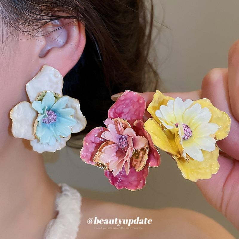 Steel needle oil dripping fabric flower stud earrings small fresh sweet elegant temperament earrings summer seaside vacation style earrings