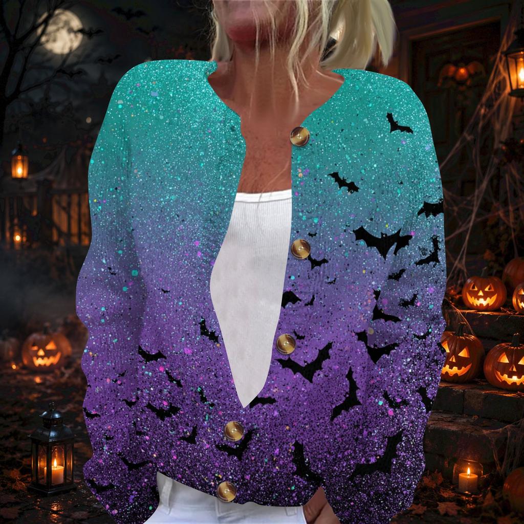 Women's Long Sleeve Knit Cardigan with Halloween Print Button Front Sweater for Fall Party Outfits