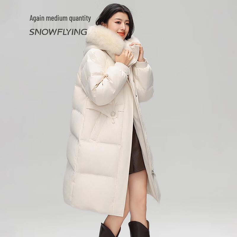 SNOWFLYING Women's Long Hooded Duck Down Jacket with Faux Fur Collar
