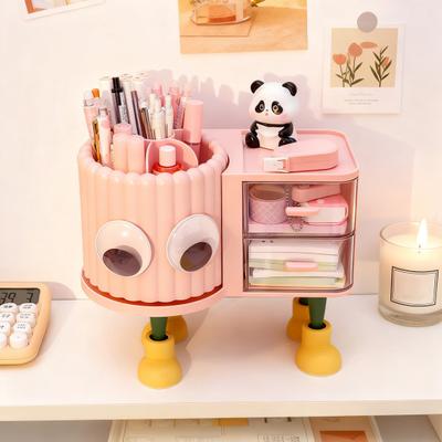 Pot à crayons rotatif mignon avec tiroir 2-en-1 Grande capacité Organisateur de bureau pour enfants filles Boîte de rangement et de tri multifonctionnelle