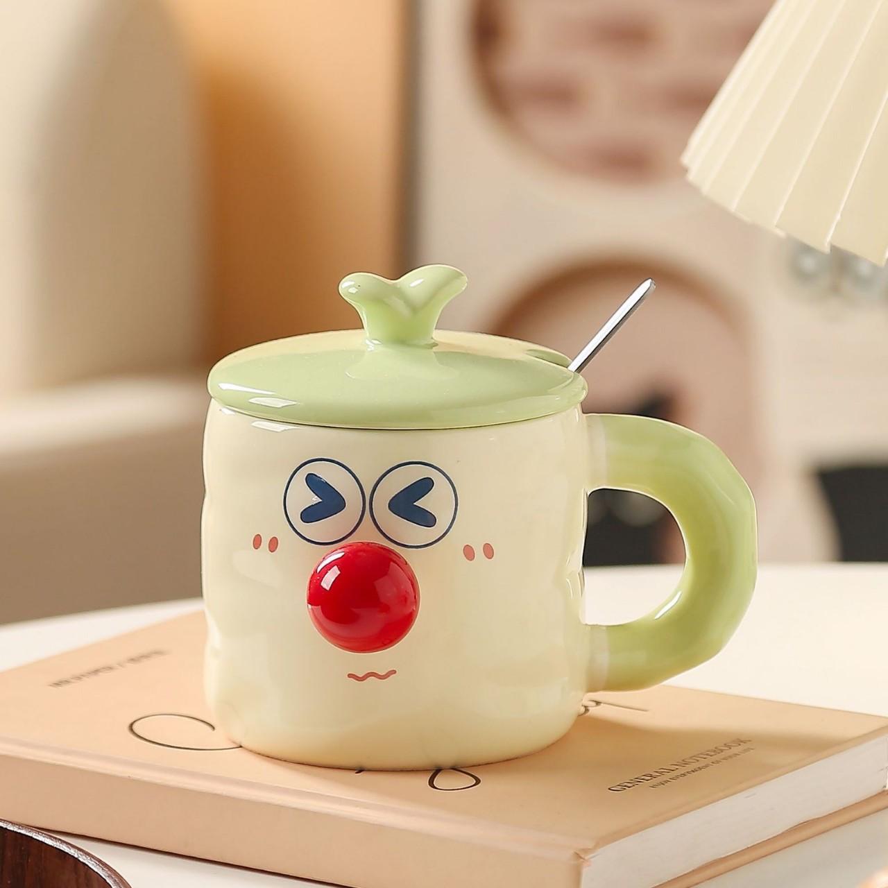 

Cute Cartoon Ceramic Water Cups Couple Covered Mugs Funny Expression Cups Practical Gift Cups for Girls 380ml