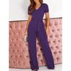Damen Jumpsuit mit kurzen Ärmeln, V-Ausschnitt, hoher Taille, einfarbig, lässig, weites Bein, mit Gürtel