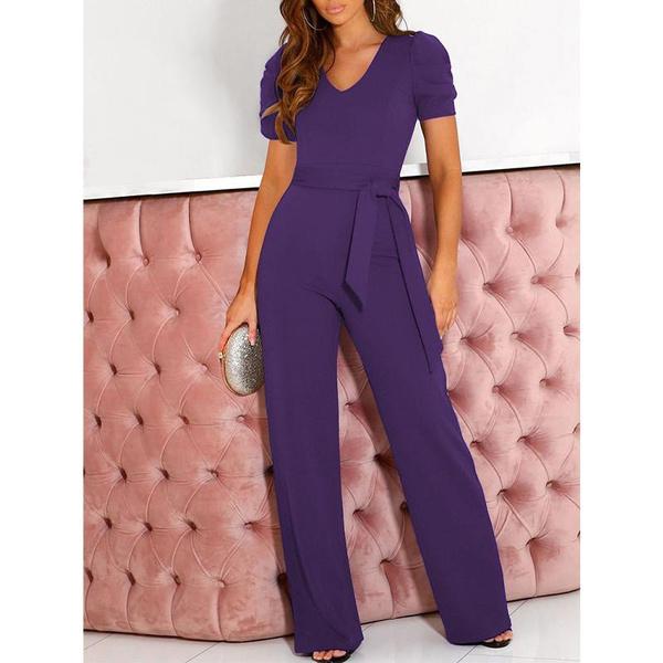 Damen Jumpsuit mit kurzen Ärmeln, V-Ausschnitt, hoher Taille, einfarbig, lässig, weites Bein, mit Gürtel