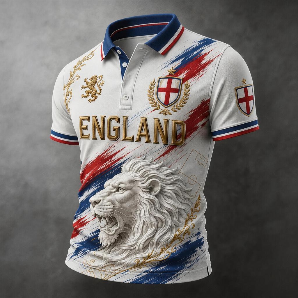Men's Football Polo Shirt England Inspired Classic Fit Short Sleeve Sports Jersey Breathable Lightweight Fabric