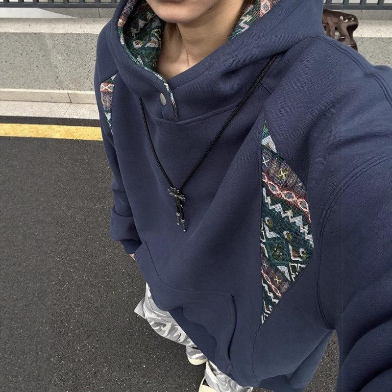 Толстовка с капюшоном Мужская Модный Дизайнерский Бренд Чувство Этнический Стиль С Платком Водолазка Джемпер XXXL тёмно-синий
