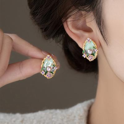 Dripping Pearl Oval Flower Stud Earrings Retro Oil Painting Style Earrings Niche Exquisite Light Luxury Earrings
