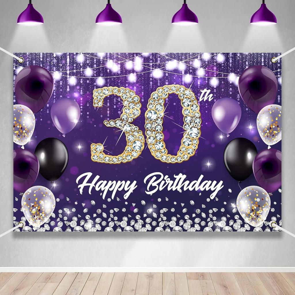 Happy 60th Birthday Backdrop Banner Purple Theme Background with Shiny Diamond Noble Elegant Birthday Party Photo Photography Prop Booth Background