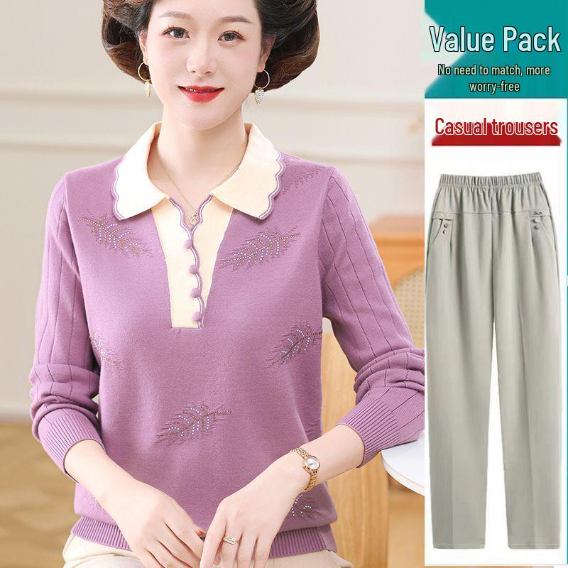 Mamčin jarně-podzimní pletený svetrový set: Volný top s ohrnovacím límcem pro ženy středního věku a starší