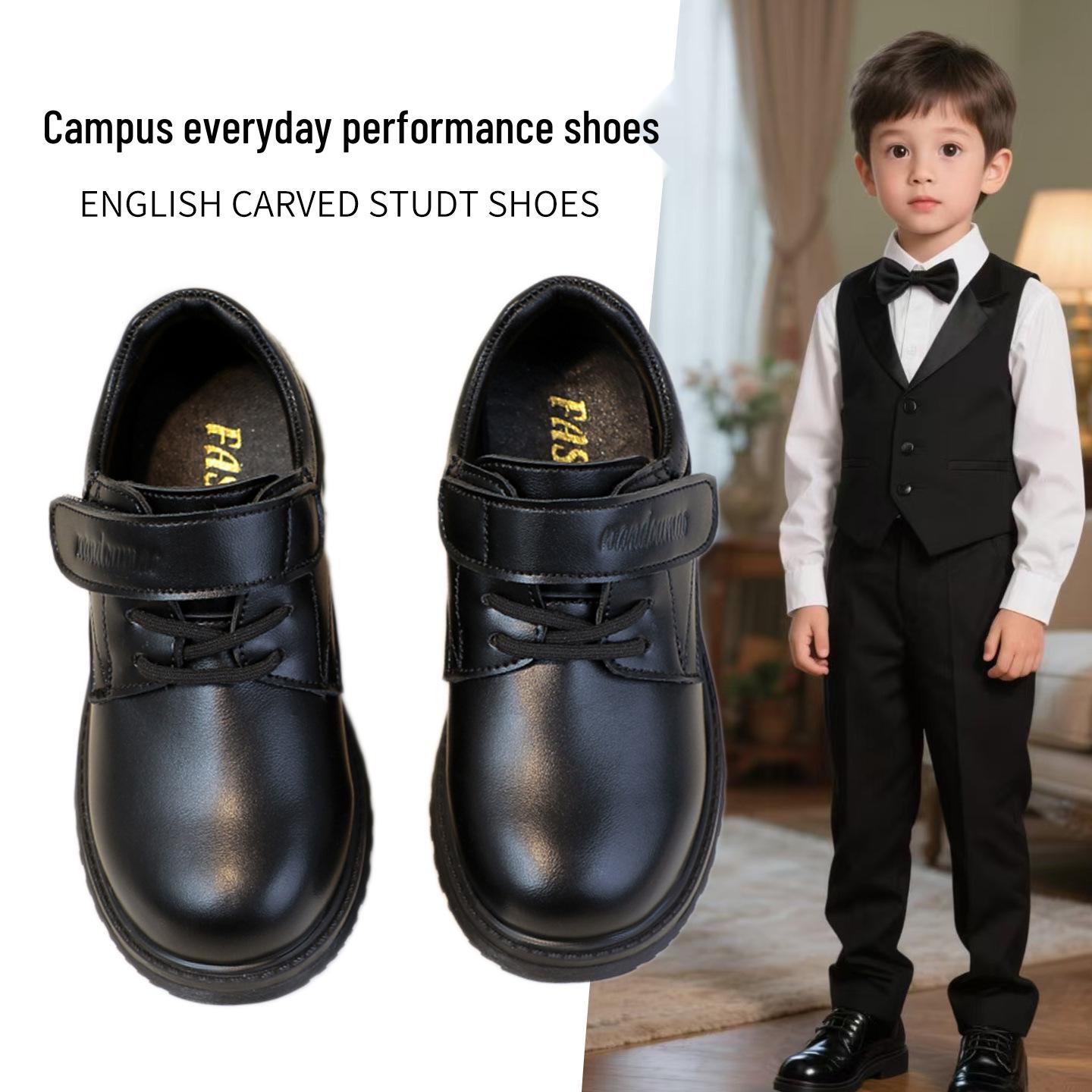 

Black Matte Leather Performance Shoes for Boys - Soft Sole, Perfect for Spring and Autumn, Ideal for Primary School Students Size 27-31 - set of 5 pairs