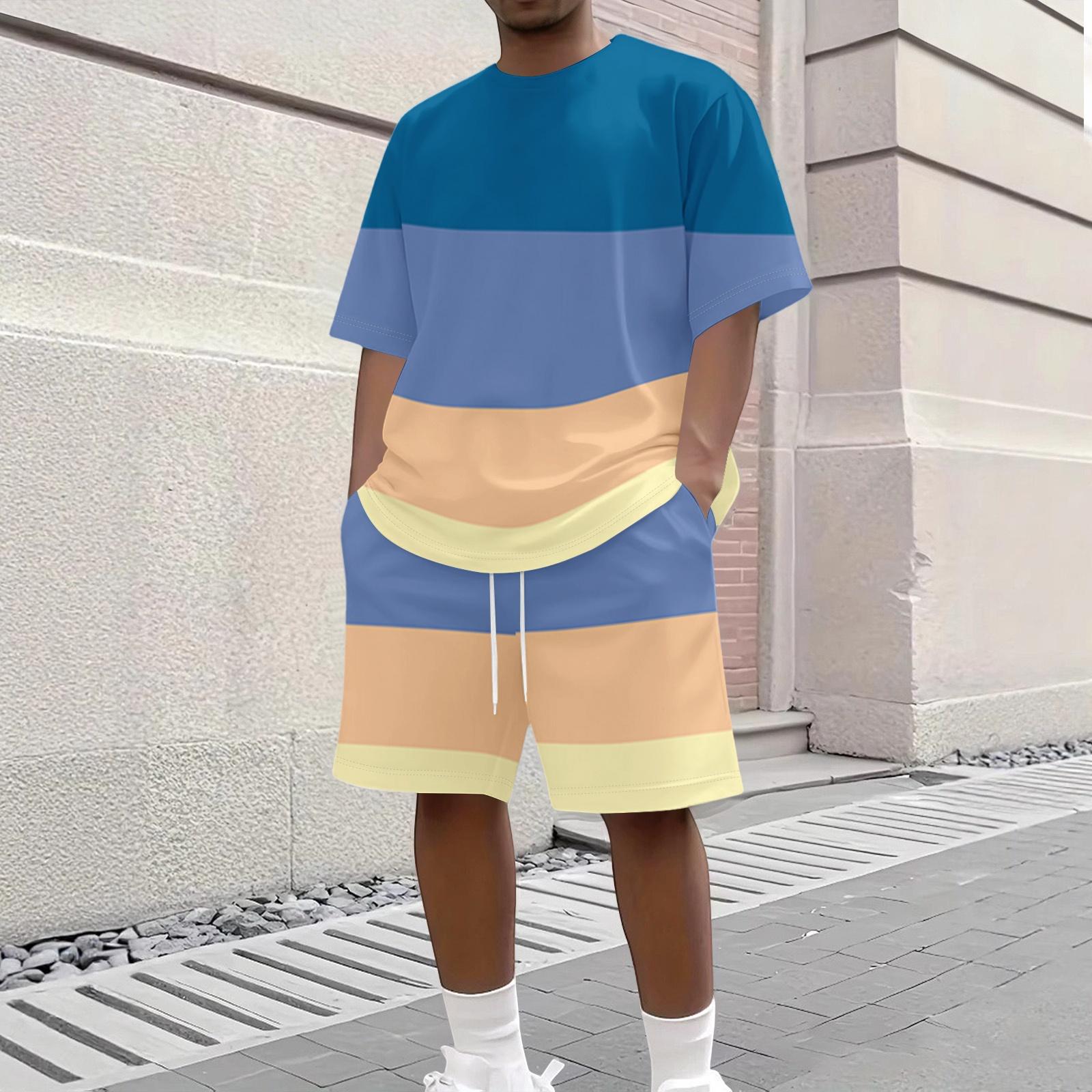 

Men s Casual Striped Print Short Sleeve Crew Neck Top and Shorts Set Lightweight Comfortable Summer Outfit for Everyday Wear XXL