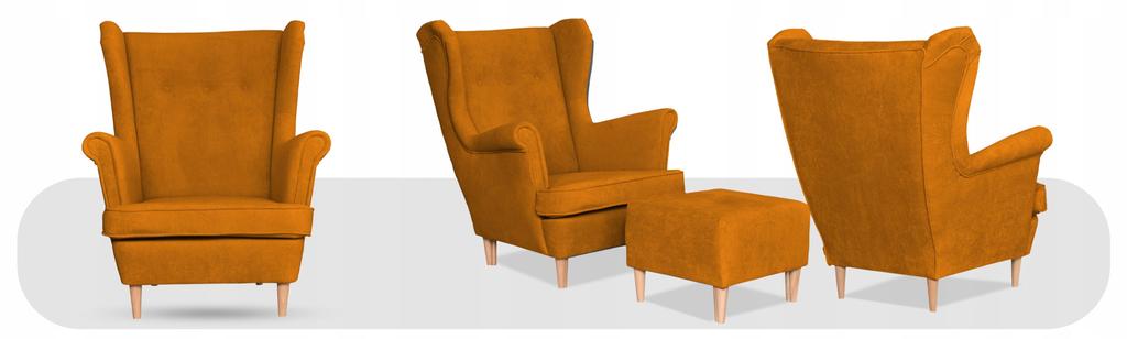 Fotel uszak z podnóżkiem skandynawski welur Hunter Family Meble musztardowy
