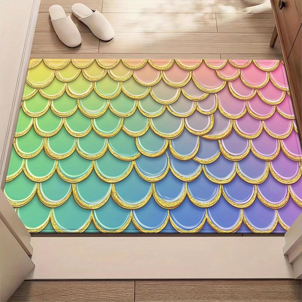Rainbow Mermaid Scales Pattern Crystal Velvet Rug Colorful Kids Room Floor Mat Fairy Tale Design Playroom Decor Soft Carpet