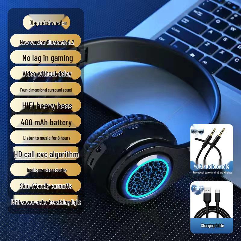 Kabellose Over-Ear Bluetooth-Kopfhörer mit Geräuschunterdrückung, leuchtendes Design für Männer und Frauen, ideal für Laufen und Laptop-Nutzung