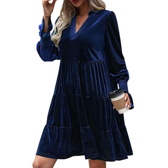 Spring Fall Women Dress Golden Velvet V Neck Pleated Patchwork Long Sleeves A-line Solid Color Knee Length Dating Shopping Midi Dress