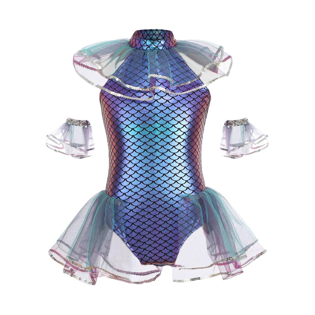 Kids Girls Mermaid Cosplay Costume: Sleeveless Mesh Sequins Bodysuit with Fish Scales Print & Arm Sleeves for Halloween Party